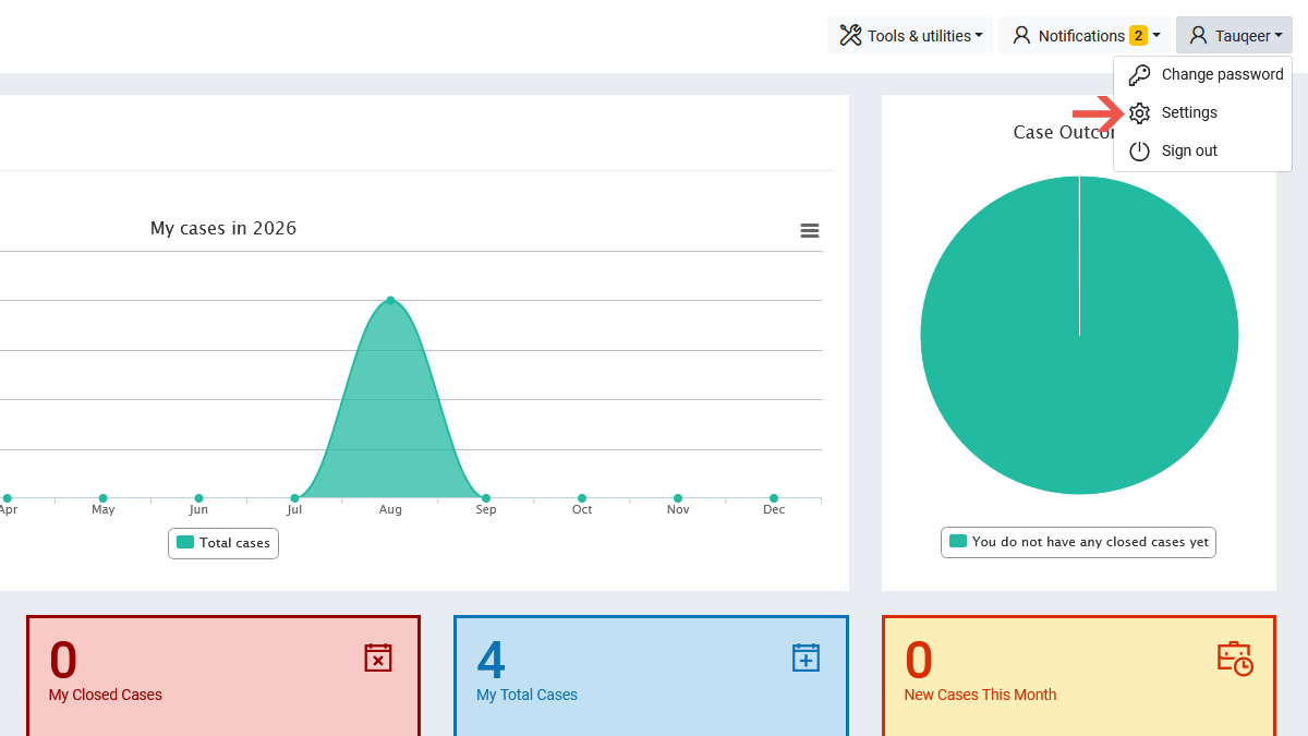 Step 1: Open Settings Profile menu in the top right of Legal Workspace with the Settings option highlighted