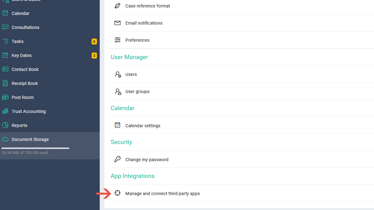 Step 2: Open 'Manage and connect third-party apps' Settings page scrolled down to the Manage and connect third-party apps link