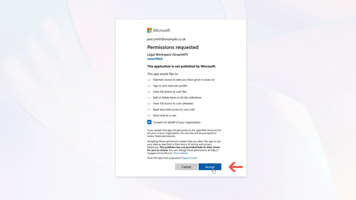 Step 5: Accept the permissions Microsoft permissions screen with the Accept button for Legal Workspace