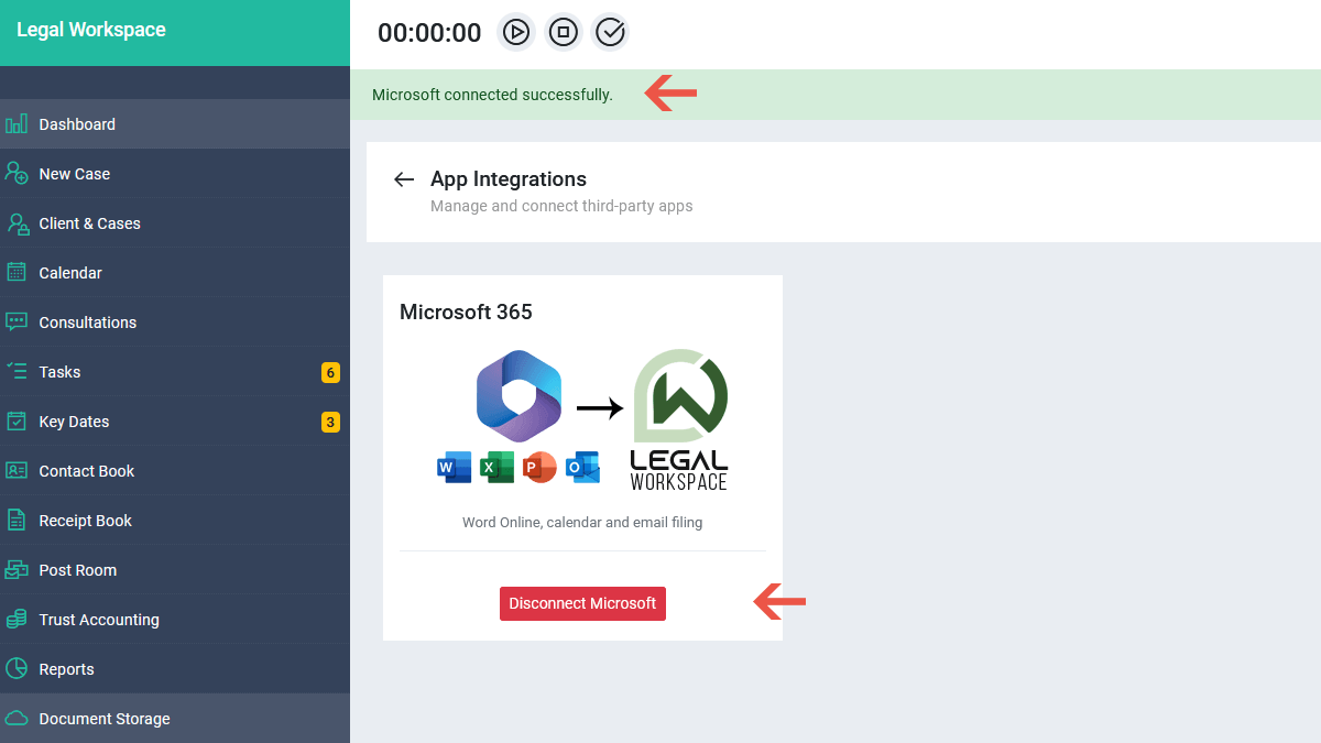 Step 6: Check Microsoft 365 is connected Integrations page showing the Microsoft connected successfully message and the Disconnect Microsoft button