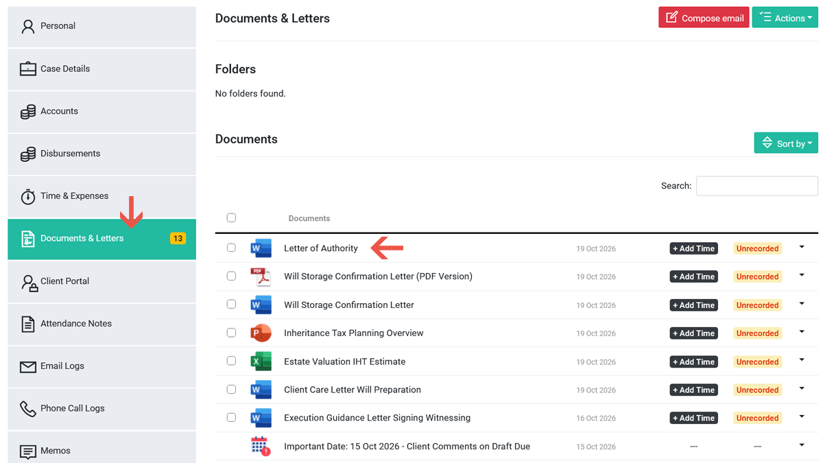 Step 1: Open the document in Documents & Letters Documents & Letters list in a Legal Workspace matter with a Word document selected