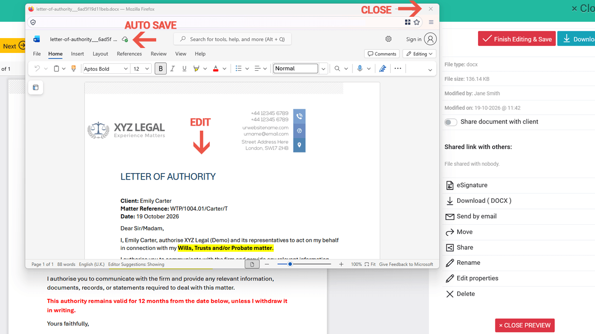 Step 3: Edit the document in Word online Word online editor open in a pop-up window showing the Saved indicator