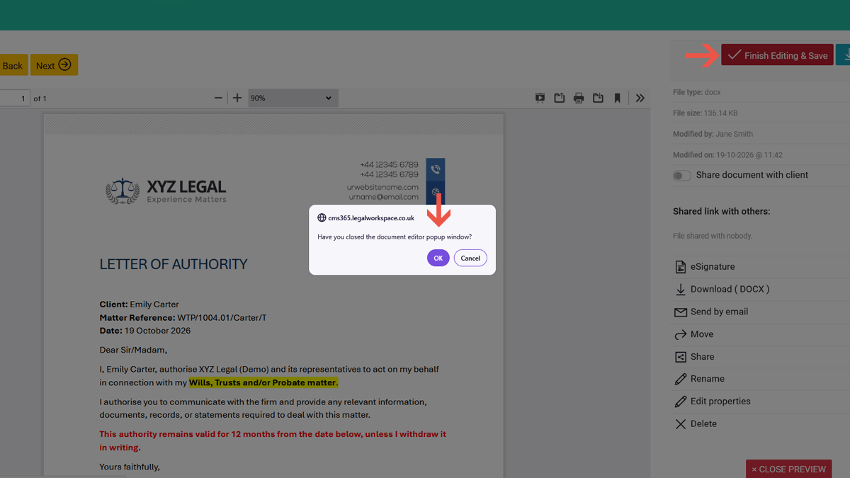 Step 4: Click Finish editing & save and confirm Finish editing and save button with the confirmation dialog asking whether the editor window has been closed